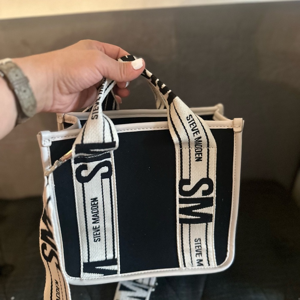 Steve Madden Black and White Mini Bag with Striking Stripes